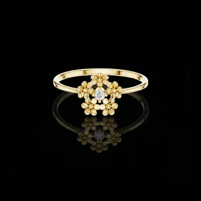 0.03 TCW Dainty Gold Flower Ring with Round Lab Grown Diamond Center Vintage Inspired Petal Beautiful Jewelry For Her
