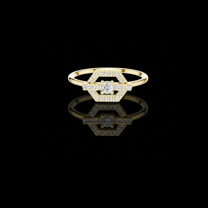 0.065 CT Geometric Round Moissanite Diamond Ring with Pave Frame With Structured Crossbar Design
