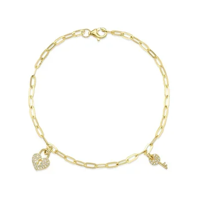 0.10CT DIAMOND PAVE HEART LOCK & KEY PAPER CLIP LINK BRACELET