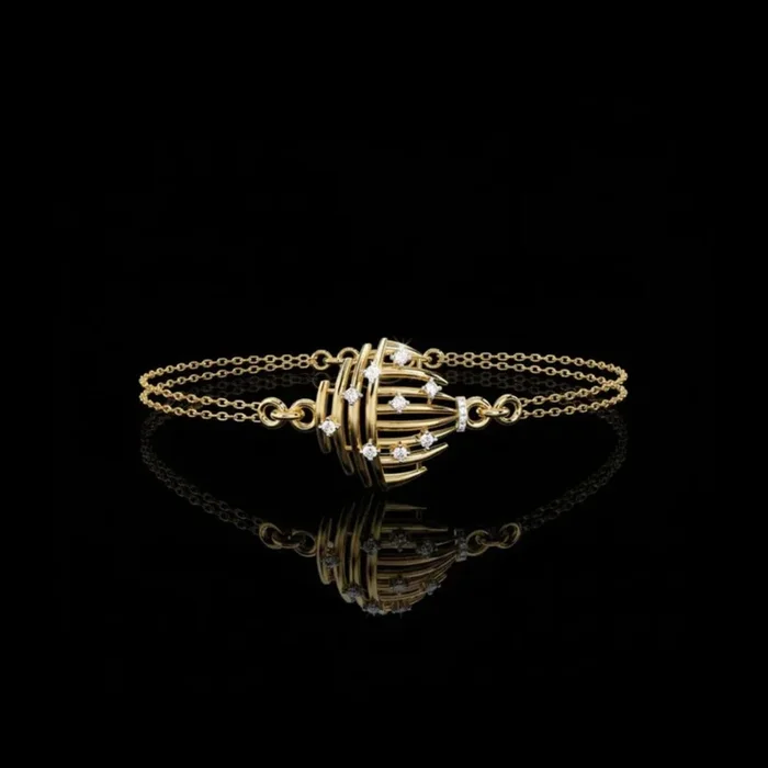 0.13 TCW Luxurious Lab Grown Bracelet with Dual Chain and Artistic Diamond Studded Spiral Dome Centerpiece