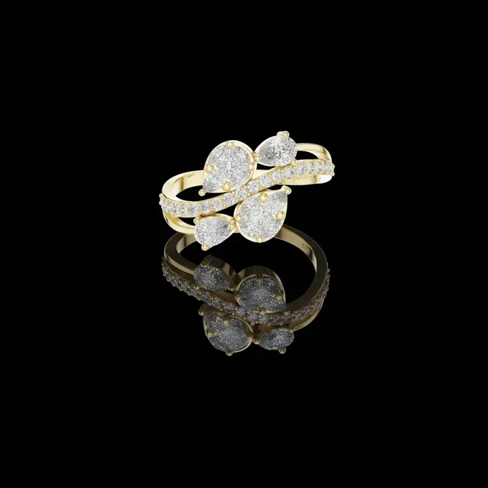 0.30 TCW Light-Catching Overlapping Pear Cut Moissanite Diamond Ring with Dual Pave Bands in Radiant Gold