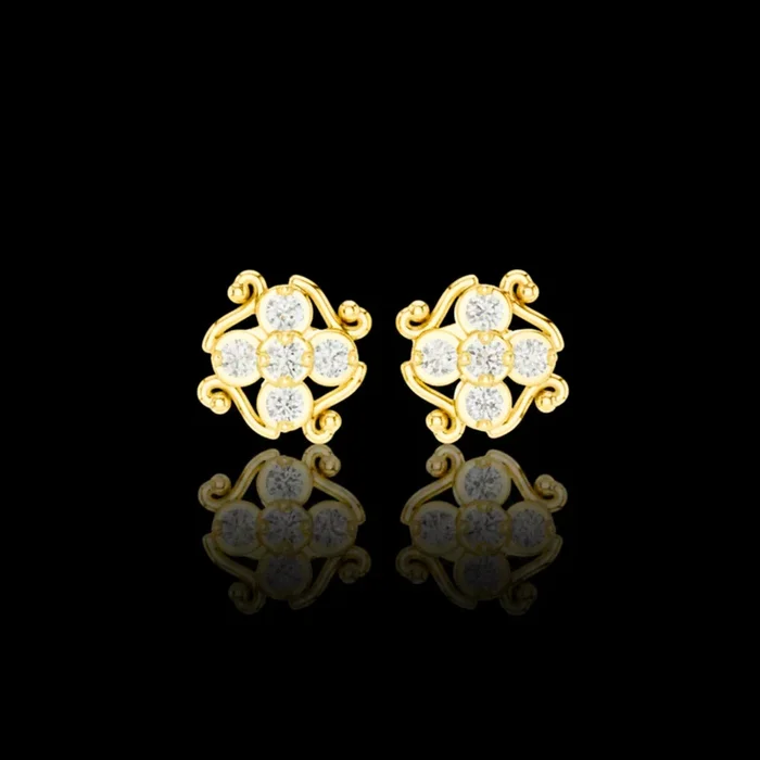 0.37 TCW Ornamental Floral Cluster Stud Moissanite Earrings with Curled Gold Accents For Her