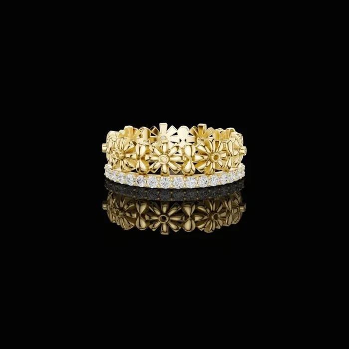 0.57 TCW Imperial Floral Band with Sculpted Blossom Moissanite Round Cut Diamond Ring