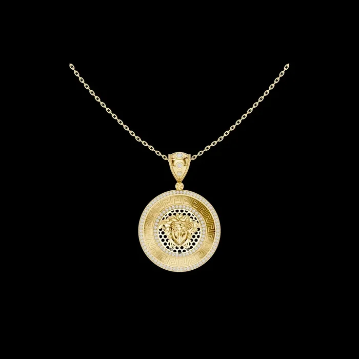 0.62 TCW Medusa Inspired Coin Elegant Greek Key Border and Moissanite Diamond Accents Statement Jewelry