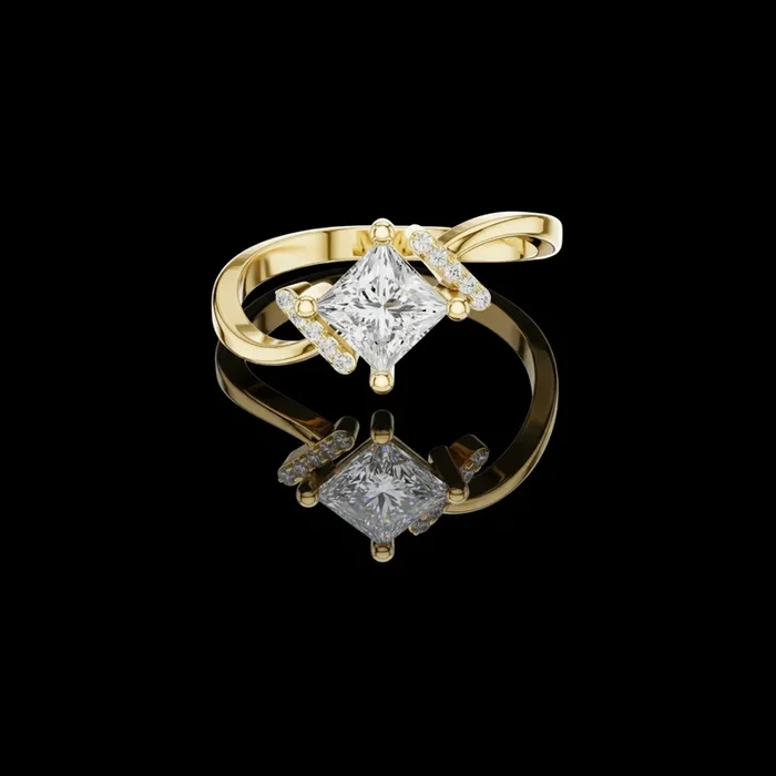 0.68 CT Elegant Gold Twisted Band Ring with a Princess Moissanite Diamond and Pave Accent Details