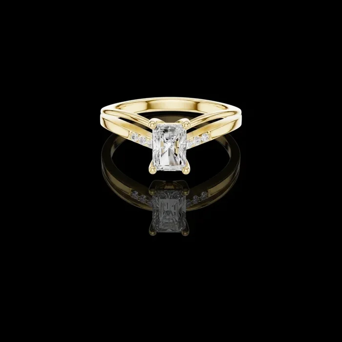 0.76 CT Sparkling Radiant Cut Moissanite Diamond Ring with Split Shank Band and Pave Accent Stones