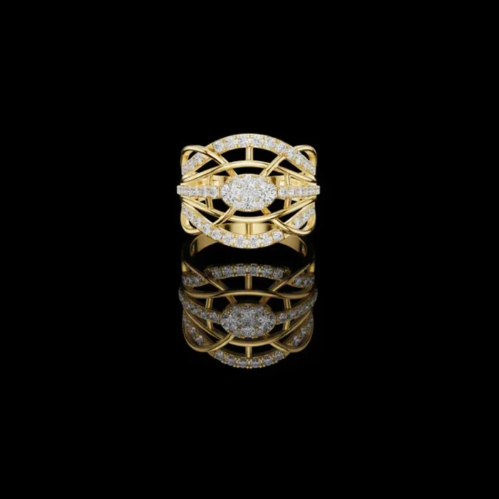 0.76 TCW Multi Row Weave Ring with Round Moissanite Diamond Centerpiece and Brilliant Pavé Accents