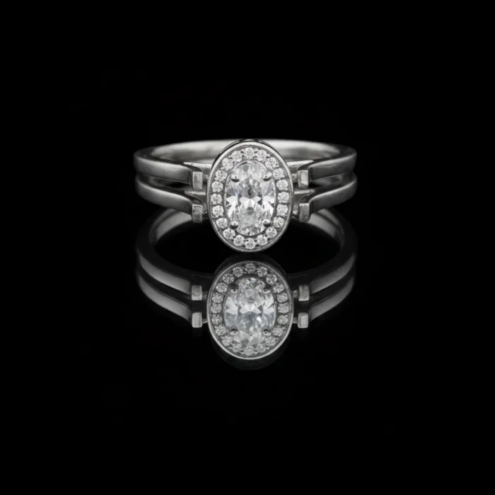 0.80 CT Precious Silver Moissanite Oval Diamond Solitaire Halo Engagement Ring For Her