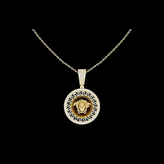0.80 TCW Medusa Head Luxury Greek Key Medallion Pendant with Moissanite Diamond Iced Border Classic Jewelry
