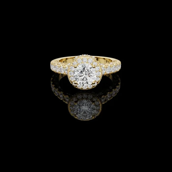 1.08 TCW Round Moissanite Diamond Ring With Pavé Halo Sparkle And Milgrain Accented Diamond Band