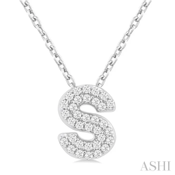 1/10 Ctw Bubble Accent Initial ‘S’ Round Cut Diamond Fashion Pendant With Chain in 10K White Gold