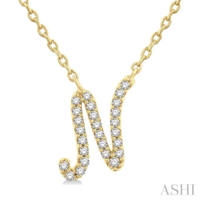 1/10 Ctw Initial ‘N’ Round cut Diamond Pendant With Chain in 10K Yellow Gold