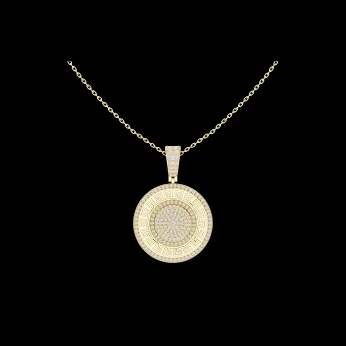 1.42 TCW Luxury Medallion Greek Key Design Round Pave Lab Grown Diamond Pendant Statement Jewelry