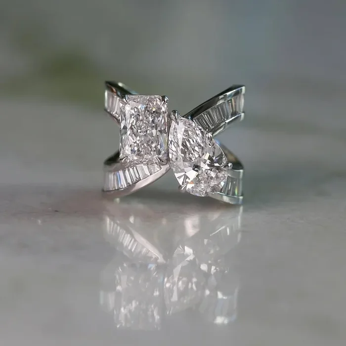 1.45 CT Modern Lab Grown Double Diamond With Radiant and Pear Cut Statement Ring