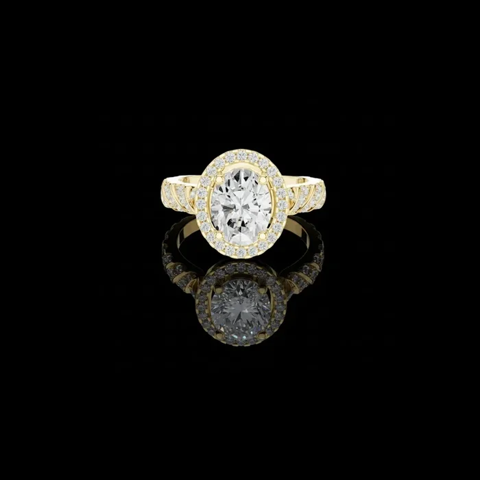 1.67 CT Golden Empress Oval Halo Moissanite Diamond Ring in Gold with Pave Shoulder Accents