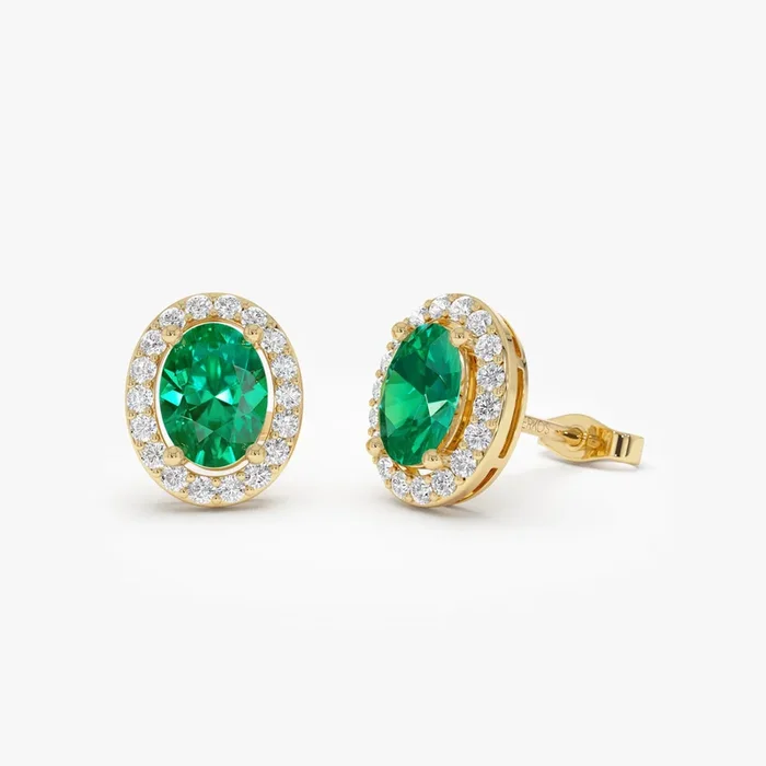 1.86 Ctw 14k Lab Grown Emerald and Diamond Oval Halo Stud Earrings – Edda