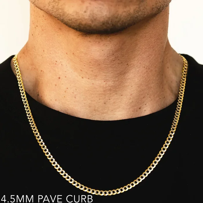 10K 4.5MM YELLOW GOLD SOLID PAVE CURB 20″ CHAIN NECKLACE (AVAILABLE IN LENGTHS 7″ – 30″)