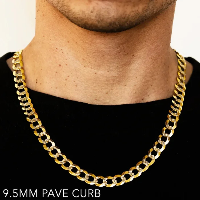 10K 9.5MM YELLOW GOLD SOLID PAVE CURB 22″ CHAIN NECKLACE (AVAILABLE IN LENGTHS 7″ – 30″)