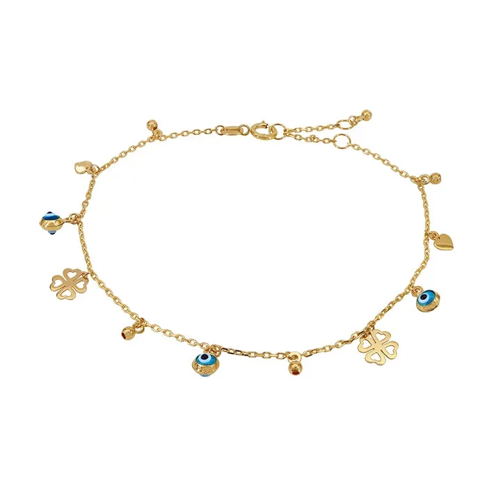 10KT Gold, multi charms bracelet with anchor link 6.5″ + 0.5″ + 0.5″ extension (1mm)