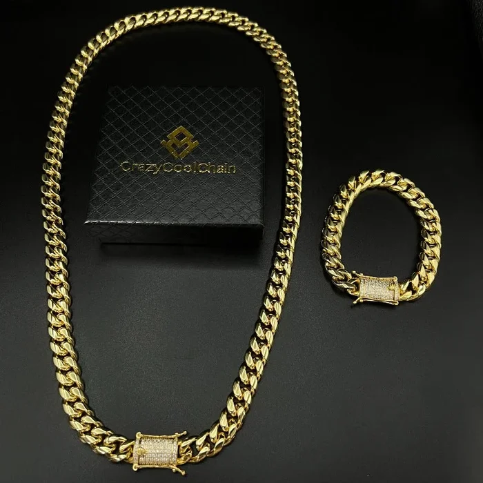 12mm Classic Iced Out Buckle Cuban Chain + Bracelet Set (18K Gold 5-Layer Plated)