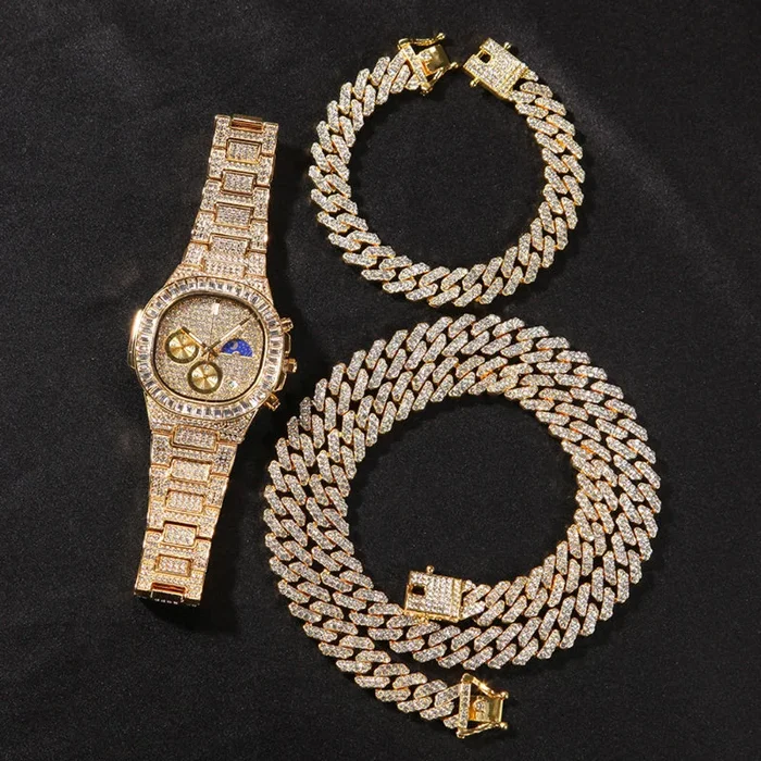 12mm Iced Out Bracelet + Necklace + Watch Set