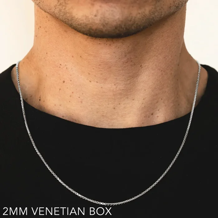 14K 2MM WHITE GOLD VENETIAN BOX 18″ CHAIN NECKLACE (AVAILABLE IN LENGTHS 7″ – 30″)