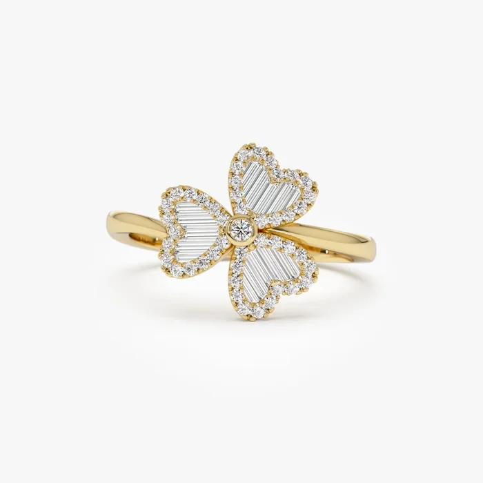 14k Baguette & Round Diamond Flower Ring