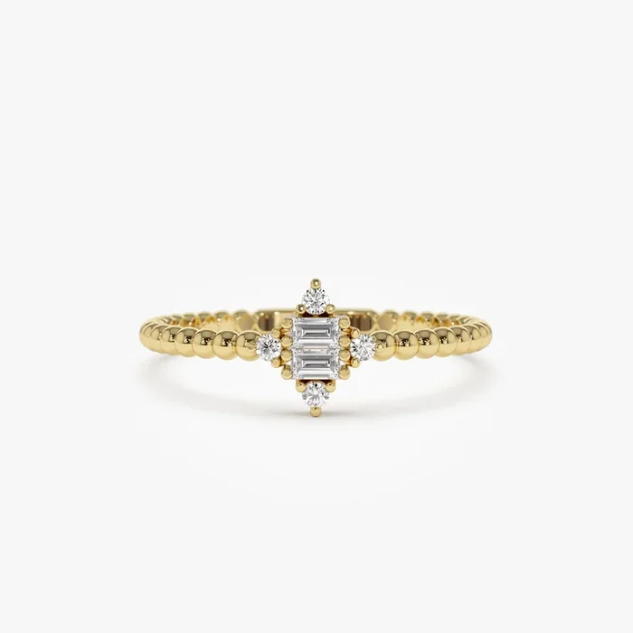 14k Beaded Baguette and Round Diamond Stacking Ring