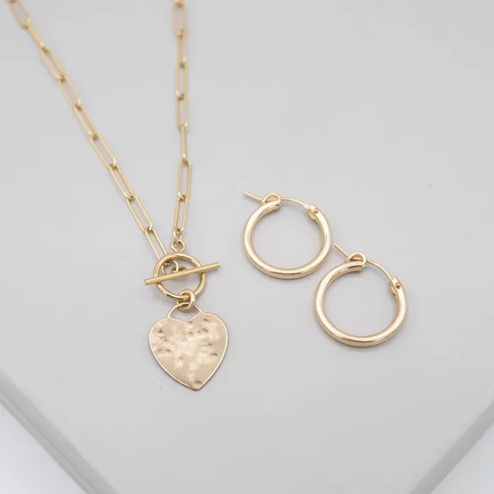 14k Gold Filled Heart Toggle Necklace & Tube Hoop Set