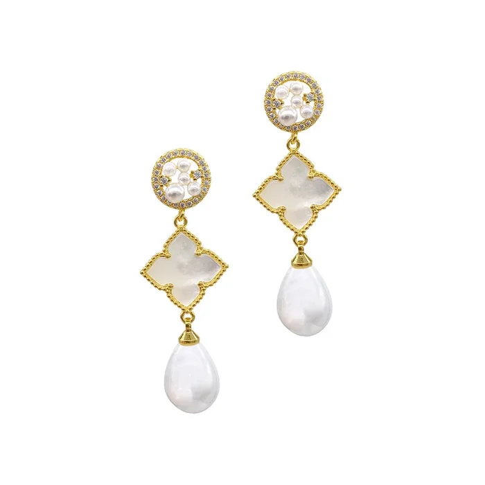 14k Gold Plated 3-Tier Flower White Mother of Pearl Drop Earrings