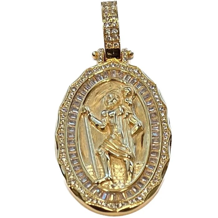 14K Gold Plated 925 Silver St Saint Christopher Medal CZ Medallion Pendant