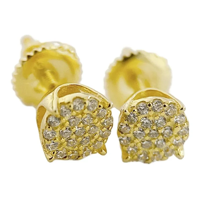 14k Gold Plated 925 Sterling Silver Iced Bling CZ Round Micro Pave Earrings 6MM