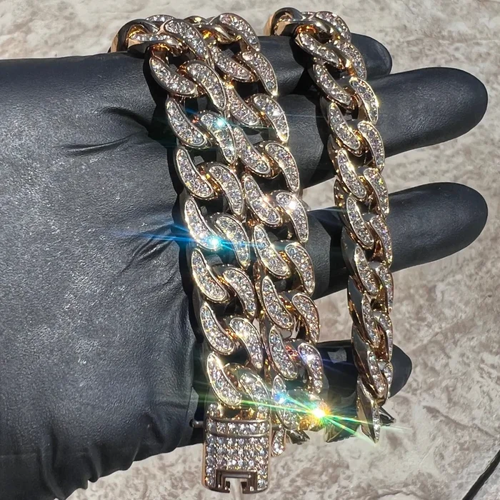 14k Gold Plated Cuban Link Chain Iced CZ Bling Out Necklace 13mm 16-24″