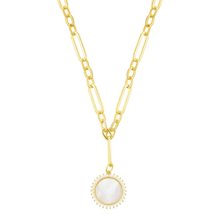 14k Gold Plated Mother of Pearl CZ Halo Disc Mixed Link Y-Necklace