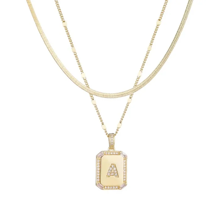 14k Gold Plated Pave Tag Pendant and Herringbone Chain Necklace Set