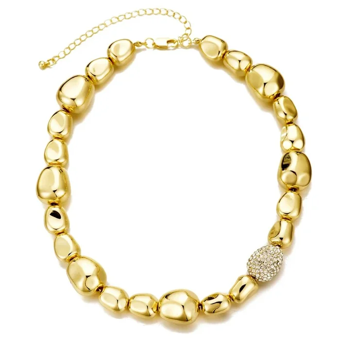 14k Gold Plated Pebbled Gold Necklace with Crystal Centerpiece