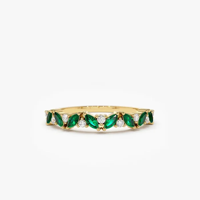 14k Slanted Emerald and Round Diamond Ring
