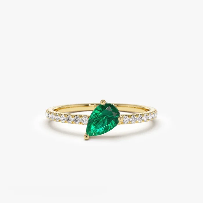 14k Slanted Pear Shape Emerald Ring with Pave Diamonds