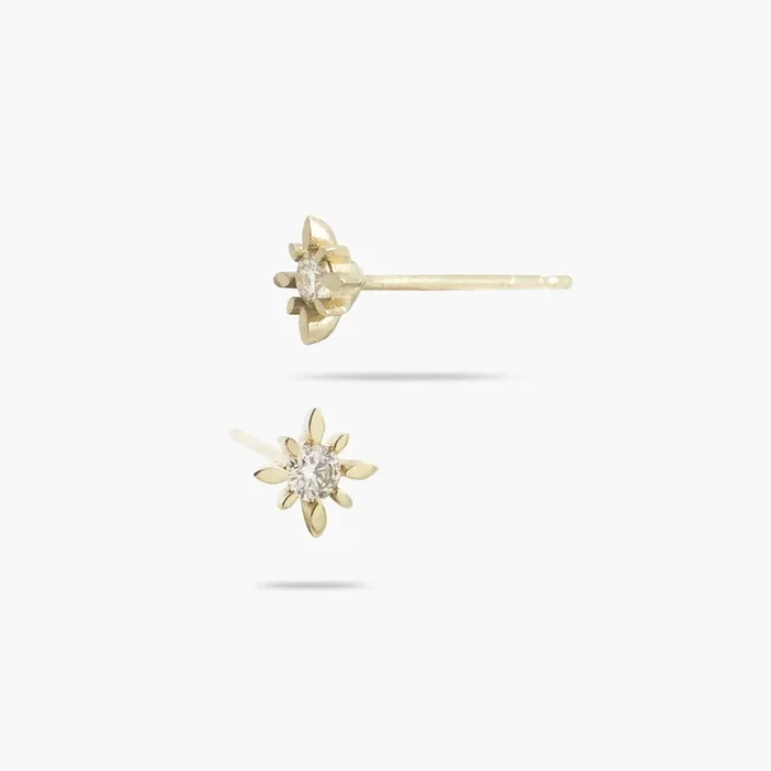 14k Solid Gold Diamond Compass Star Stud Earrings