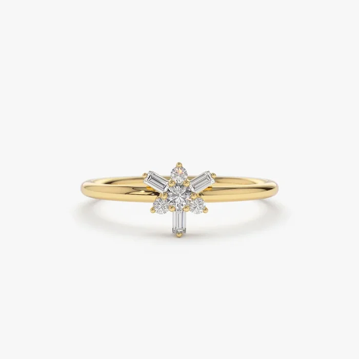 14k Triangle Shape Baguette & Round Diamond Stacking Ring