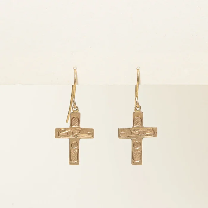 14k Yellow Gold Indigenous Art Drop Cross Earrings |
