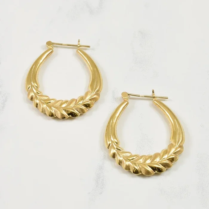 14k Yellow Gold Leaf Hoop Earrings