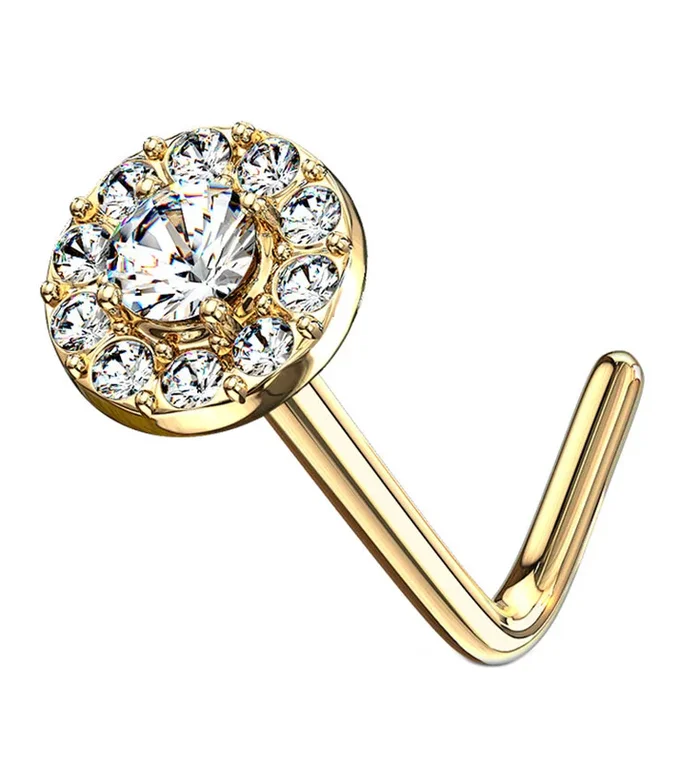 14kt Gold Disk With Clear CZ L Bend Nose Ring