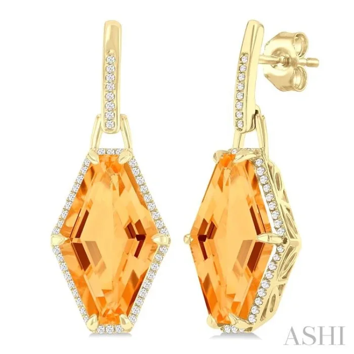 16×10 MM Hexagon Shape Citrine and 1/4 Ctw Round Cut Diamond Halo Semi-Precious Earrings in 14K Yellow Gold