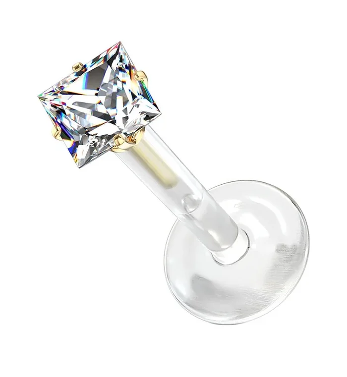 16G Gold Prong Square CZ Bioflex Labret Post