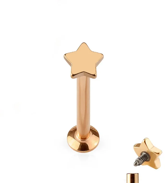 16G Rose Gold PVD Star Top Internally Threaded Flat Back Steel Post