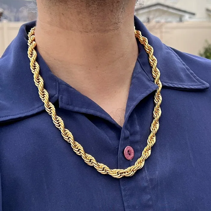 18k Gold Plated 316L Stainless Steel Rope Chain Necklace 10MM 24″