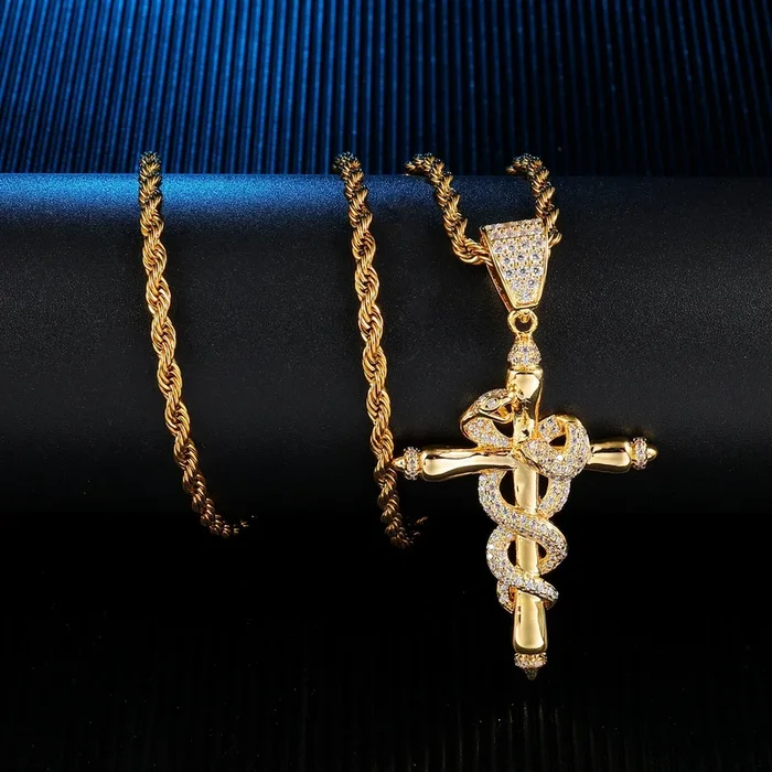 18K Gold Plated Icy Snake Stainless Steel Cross Pendant