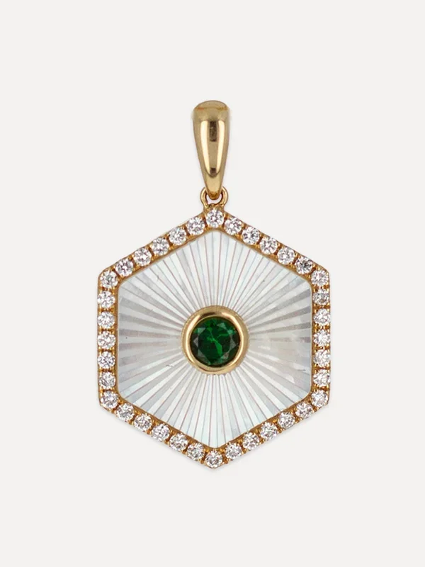 18K Tsavorite & Mother Of Pearl Hexagon Charm