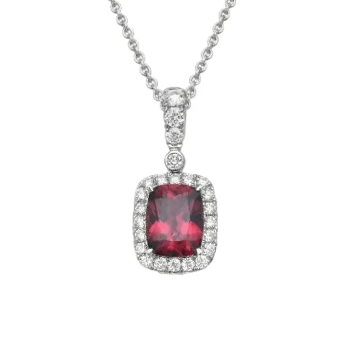 18KWG 18″ GARNET, PK SAP, 85=1.42CT FG VS/SI STARBURST PENDANT